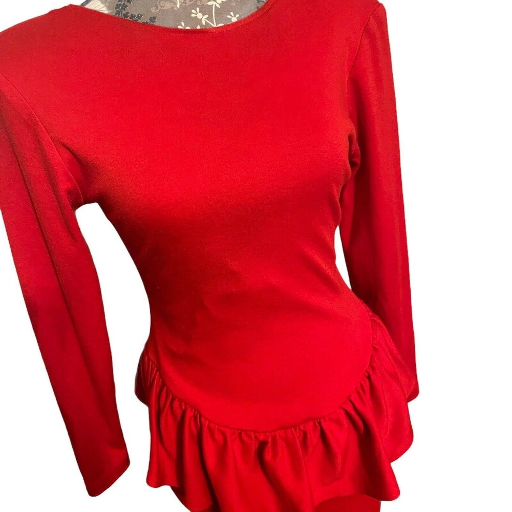 Cherokee Vintage 80s Dress Women Small Red Peplum Scoop Back Long Sleeve Jersey